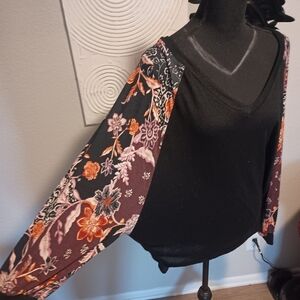 Floral Sleeve Black Top